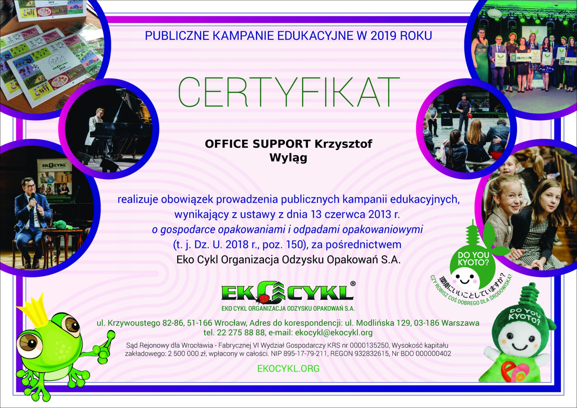 Certyfikat Odzysku Opakowań - EKOCYKL